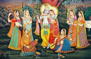 Radha Krishna avec Sakhis appréciant la musique - School Indian