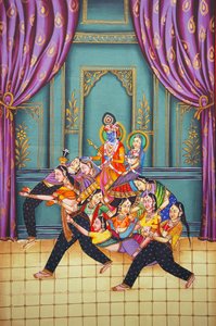 Radha Krishna avec Sakhis, miniature sur papier - School Indian