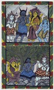 Shiva donne vie à Ganesha (Ganesh ou Ganapati), dans les bras de sa mère Parvati, après lui avoir coupé la tête dans un accès de colère. Pat : rouleau peint de la région du Bengale, servant de support narratif pour les musiciens Baoul (ou baul). Leonard de