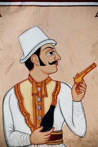 Peinture murale de soldat britannique tenant un pistolet, Jaipur, Rajasthan, Inde - School Indian