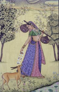 Femme tenant une Rudra Veena et une guirlande de fleurs, miniature, Inde - School Indian