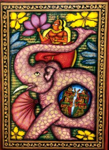 Femme assise sur un éléphant tenant une fleur, miniature, Inde - School Indian