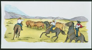 Argentine - gauchos rassemblant du bétail dans les Pampas - School Italian