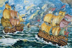 Panneau de céramique représentant deux navires à voile, production de Vietri sul Mare, Campanie, Italie, Détail