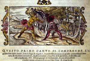 Représentation du combat entre Ferragus, le sarrasin et Renaud (Rinaldo), tous deux amoureux de la belle Angélique (Angelica). Scène tirée du poème chevaleresque « Orlando Furioso » (Le Roland furieux) de Ludovico Ariosto (1474-1533) appelé L