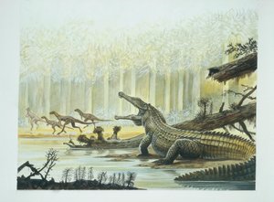 Rutiodon avec Fabrosaurus en arrière-plan, période Triassique - School Italian