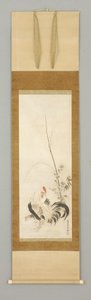 Kakemono, coq et poule avec des fleurs - Japanese School