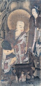 Peinture religieuse représentant un jeune moine avec une biche, peinture sur soie, civilisation japonaise, période Heian, 794-1185 - School Japanese