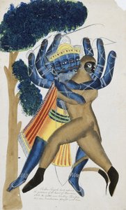 Ravana, le roi démon de Ceylan, combattant le fils de Hanuman - School Kalighat