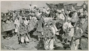 Porteurs coréens dans le port de Chemulpo (Corée du Sud), déchargeant les jonques - Illustration d