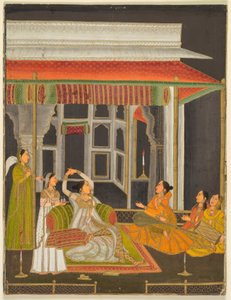 Une princesse sur une terrasse avec des serviteurs la nuit (recto) ; Calligraphie (verso), vers 1760 (aquarelle opaque avec or sur papier) - School Mughal