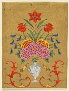 Vase avec composition florale et rinceaux, vers 1750-1800 (aquarelle opaque avec or sur papier) - School Mughal