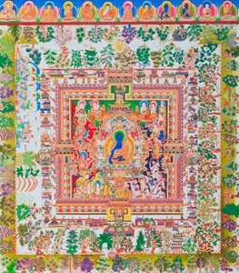 Mandala du Bouddha de la Médecine, la figure centrale de Bhaisajyaguru représente le guérisseur suprême en robes monastiques avec un bol contenant des plantes médicinales - School Nepalese