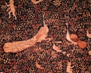 Le rideau de la Vie Seigneuriale : détail représentant des oiseaux, paon - School Netherlandish