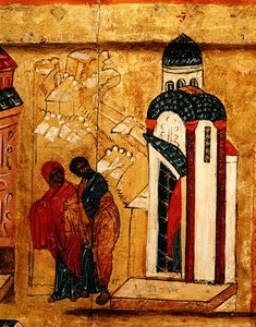 Icône représentant les offrandes de Joachim et Anne rejetées en raison de leur stérilité (détail) - School Russian