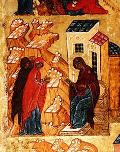 Icône représentant la Vierge sélectionnant les couleurs les plus honorées du tissu, vers 1550 (détail) - School Russian