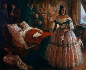 Le poète russe Alexandre Pouchkine (1799-1837) sur son lit de mort entouré de sa femme Natalia Gontcharova et de ses amis