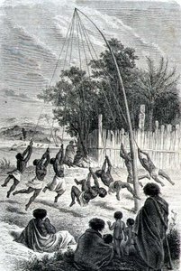Guerriers maoris jouant sur une balançoire, illustration de 