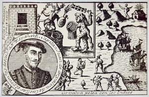 Les Espagnols sous Juan de Grijalva débarquent au Yucatan et affrontent les guerriers mayas à la bataille de Champoton, mai 1518 (lithographie) - School Spanish