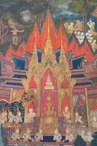 Murales dans la chapelle Buddhaisawan représentant Indra descendant des cieux peu après la crémation du Bouddha en arrachant la relique la plus précieuse, une dent cachée dans le chignon du brahmane - School Thai