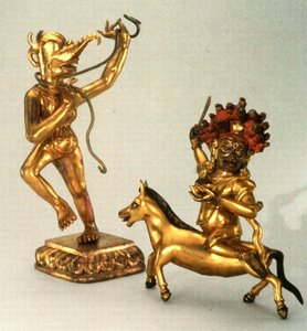 Makaravakitra et Sridevi (bronze doré) - School Tibetan