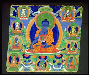 Peinture Thangka montrant le Bouddha de la Médecine, Bhaishajyaguru (Menla) tibétain - School Tibetan