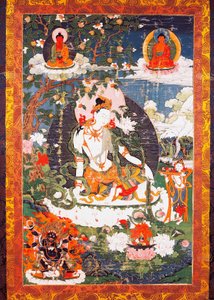 Le bodhisattva Avalokitesvara Padmapani assis, tanka ou thangka (bannière bouddhiste), civilisation tibétaine - School Tibetan