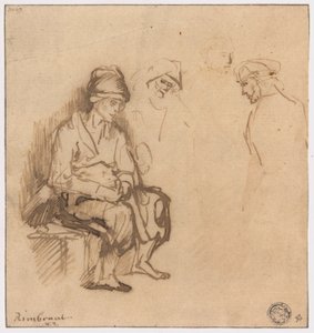 Femme assise sur un banc et trois esquisses de têtes - School of Rembrandt van Rijn