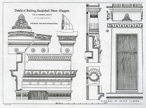 Détails architecturaux des chambres grecques, 336-356 Sauchiehall Street, Glasgow, conçus par Alexander Greek Thomson, 1869