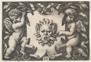 Un masque sur un écu soutenu par deux génies, 1544