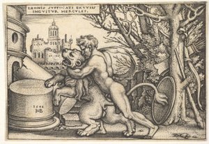 Hercule, de profil, tuant le lion de Némée avec son bras autour de son cou, des 