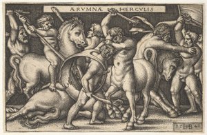 Hercule avec sa massue au centre combattant un centaure, d