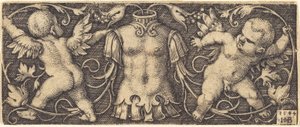 Ornement avec armure et deux génies