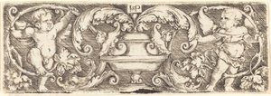 Ornement avec un vase entre deux génies