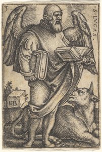 Saint Luc avec la tête tournée de profil vers la droite, un livre dans chaque main - Sebald Beham