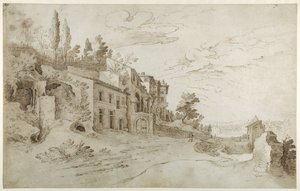 Maisons parmi les ruines avec une vue lointaine de Rome - Sebastian Vrancx