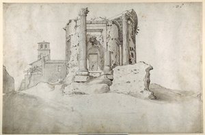 Ruines du temple de la Sibylle Tiburtine à Tivoli (encre brune et lavis gris brun sur papier blanc) - Sebastian Vrancx