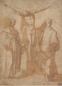 Christ en croix flanqué de deux saints