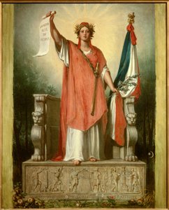 La république. Personnification de la République (Marianne) portant un parchemin sur lequel est écrit « souveraineté du peuple » et le drapeau tricolore