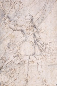 Le Roi Henri IV, en pied, un trophée des armes ottomanes à ses pieds, levant un parchemin devant un aigle - Second School of Fountainebleau