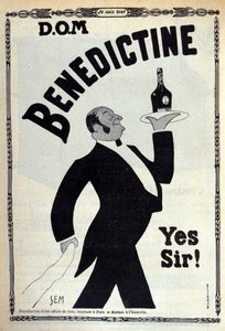 Publicité pour le digestif « Bénédictine ». Un garçon de café porte une bouteille sur un plateau. Dessin de Sem (1873-1932). 1910