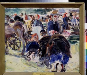Une foire. Place de marché en province avec des paysannes et des commerçants. Peinture de Semyon Gavrilovich Nikiforov (1877-1912) - Semen Gavriilovich Nikiforov