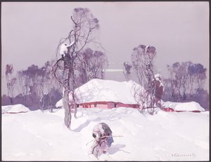 Vieille dame ramassant du bois dans la neige - Sergei Kolesnikoff