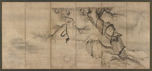 Singes et arbres sur une rive de rivière, période Momoyama - Sesson Shukei