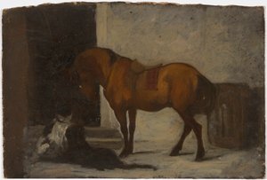 Un cheval et deux chiens