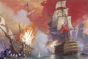 Bataille navale britannique contre les Français pendant les guerres napoléoniennes (gouache sur papier)