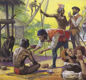 Les hommes de Magellan rencontrent des indigènes amicaux aux Philippines et échangent de la nourriture. - Severino Baraldi