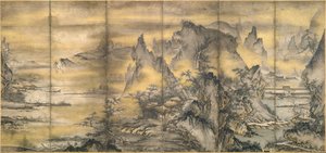 Japonais : 『式部輝忠筆 四季山水図屏風 室町時代 』 Paysage des quatre saisons, un exemplaire de la paire - Shikibu Terutada