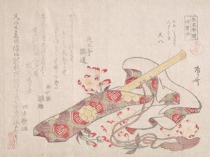 Shakuhachi, une sorte de flûte en bambou, avec son étui et des fleurs de cerisier, XIXe siècle - Shinsai