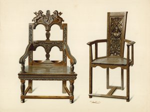 Chaise Cacqueteuse en chêne, propriété de Percy Macquoid; Chaise en if, propriété du duc de Leeds